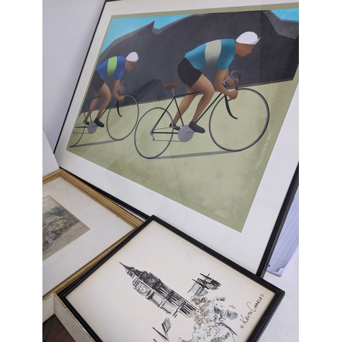 341 - A mixed quantity of pictures to include a Catherine J Stephenson print of a jetty and sea front hous... 