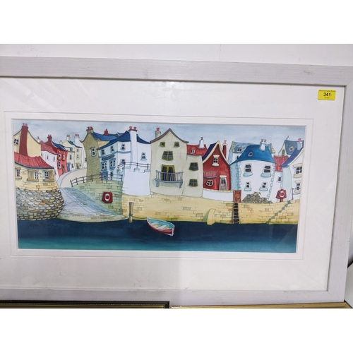 341 - A mixed quantity of pictures to include a Catherine J Stephenson print of a jetty and sea front hous... 