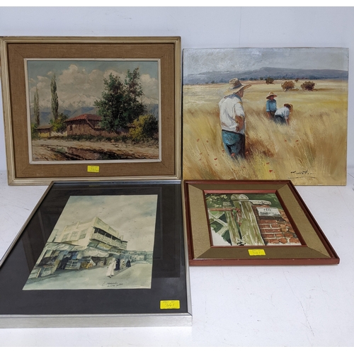 341 - A mixed quantity of pictures to include a Catherine J Stephenson print of a jetty and sea front hous... 