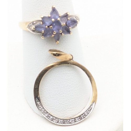 104 - A 9ct gold tanzanite and diamond chip cluster ring, together with a diamond chip pendant, total weig... 