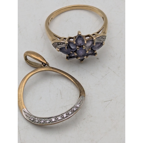 104 - A 9ct gold tanzanite and diamond chip cluster ring, together with a diamond chip pendant, total weig... 