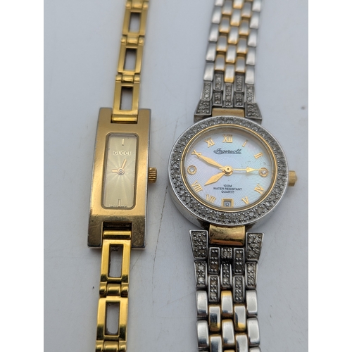 105 - A mixed group of jewellery and three ladies wristwatches to include a silver bangle, 28.6g, gold pla... 