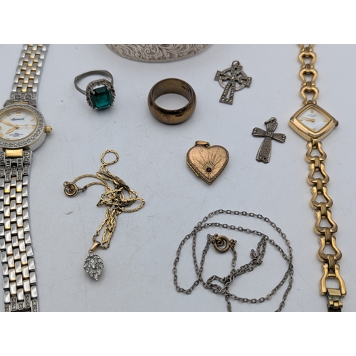 105 - A mixed group of jewellery and three ladies wristwatches to include a silver bangle, 28.6g, gold pla... 
