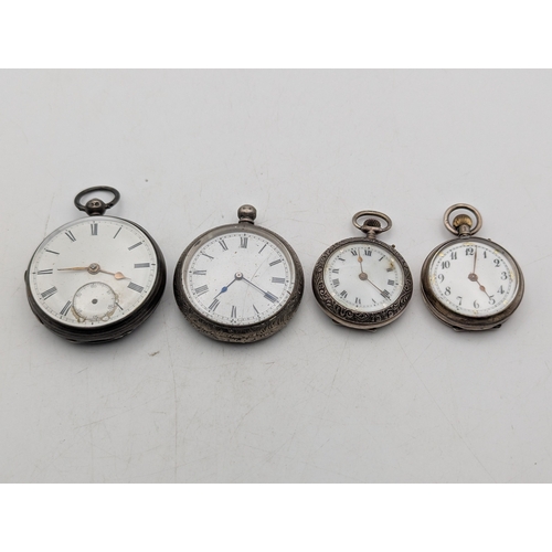 112 - Two open faced silver cased, keyless fob watches, along with a silver cased ladies example and a whi... 