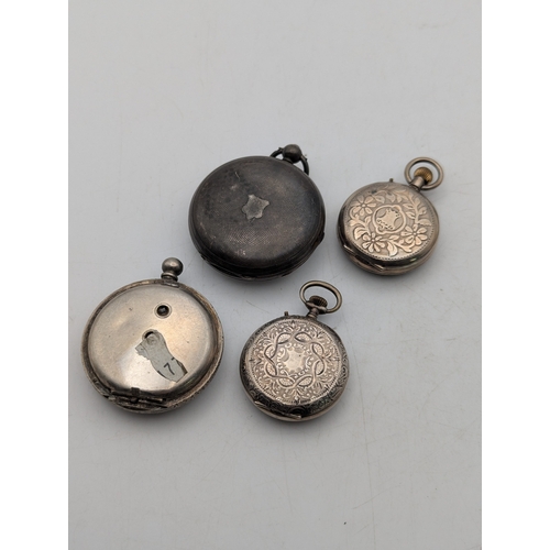 112 - Two open faced silver cased, keyless fob watches, along with a silver cased ladies example and a whi... 
