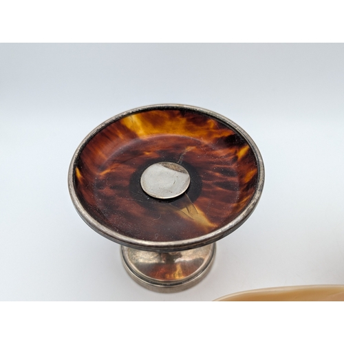 117 - Two silver and mother of pearl salt dishes, together with a silver and tortoise shell pedestal pin d... 