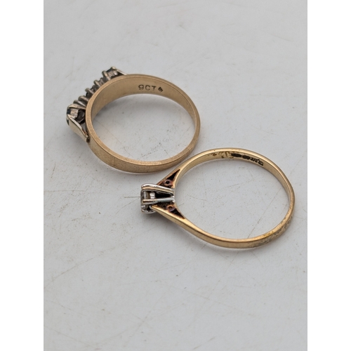 Two 9ct yellow gold rings to include a diamond solitaire example, size ...