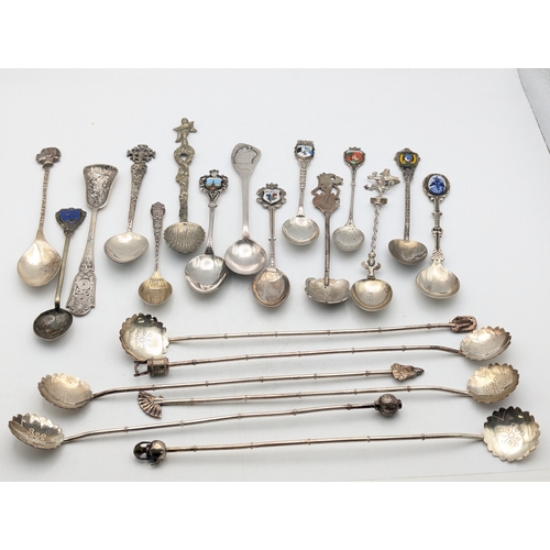 62 - Silver spoons to include six sterling silver examples with bamboo style terminals, total weight 46.2... 