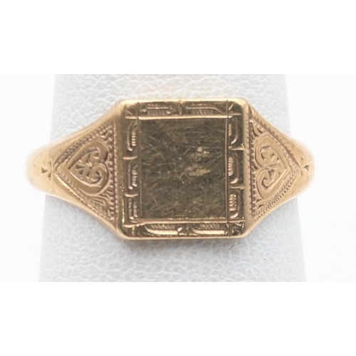 90 - A 9ct yellow gold signet ring with engraved decoration, size L 1/2, 3g
Location:R2
If there is no co... 