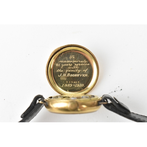 2 - An early 20th century 18ct gold, manual wind, converted ladies fob watch, the white enamel dial with... 
