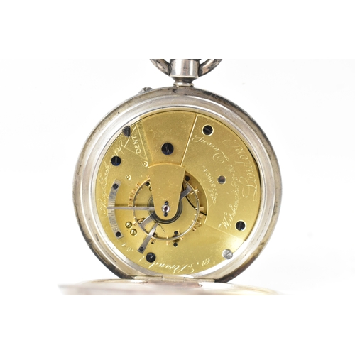 32 - A late Victorian Dent silver open face keyless wound pocket watch, the white enamel dial having Arab... 