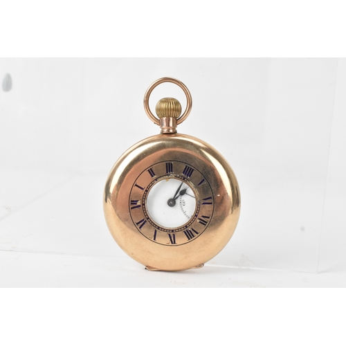 35 - An early 20th century 9ct gold half hunter pocket watch, the white enamel dial having Roman numerals... 
