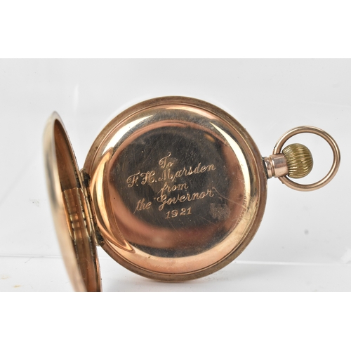 35 - An early 20th century 9ct gold half hunter pocket watch, the white enamel dial having Roman numerals... 