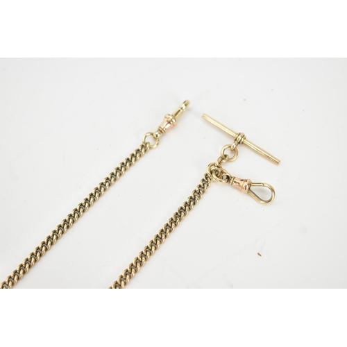 47 - A late 19th/early 20th century 9ct gold curb link pocket watch chain, having two 9ct gold dog clip c... 
