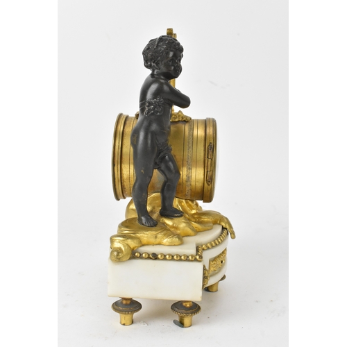 51 - A late 19th century French gilt metal and marble figural mantel clock, the circular enamel dial with... 