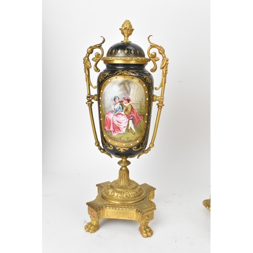 56 - A late 19th century French ormolu and porcelain-mounted mantel clock and single garniture, by Henry ... 