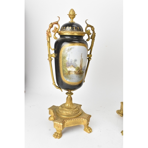 56 - A late 19th century French ormolu and porcelain-mounted mantel clock and single garniture, by Henry ... 