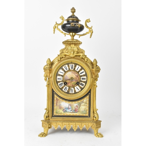 56 - A late 19th century French ormolu and porcelain-mounted mantel clock and single garniture, by Henry ... 