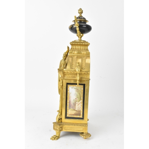 56 - A late 19th century French ormolu and porcelain-mounted mantel clock and single garniture, by Henry ... 