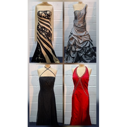 Four ladies evening gowns comprising a Sonia Pena gold and black strapless gown European size 40 with flared hem and embroidered floral panels having a gold chiffon scarf and  matched high heel shoes European size 40, a Scarlett off the shoulder grey sateen gown with multi ruffled skirt, bead panels to the torso and corset style fastening to the rear UK12, a Mon Cheri black beaded gown approx UK12 and a red satin halter neck gown having a cross-over cut out design and bead torso, approx UK10. Location:Rail
If there is no condition report, please request