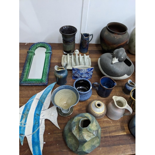 Studio Pottery to include a vase fashioned as a duck, a toast rack, two ...