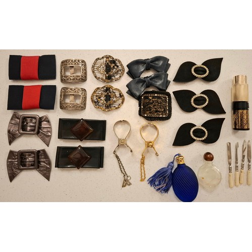 43 - Vintage costume jewellery, shoe buckles and bows, glove clips, scent bottles, silver items, Cowboy i... 