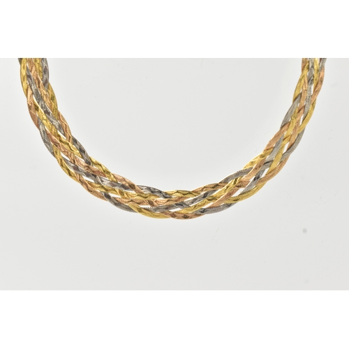 42 - An 9ct tri-coloured gold necklace, of flat woven form design with a lobster claw clasp, stamped 9KT,... 