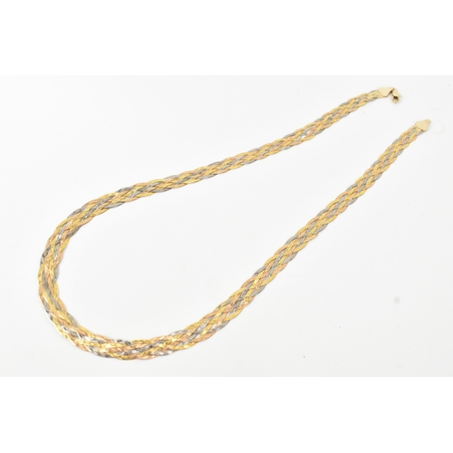 42 - An 9ct tri-coloured gold necklace, of flat woven form design with a lobster claw clasp, stamped 9KT,... 