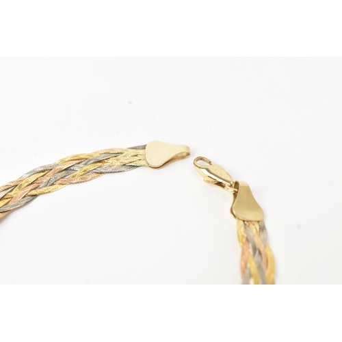 43 - An 9ct tri-coloured gold bracelet, of flat woven form design with a lobster claw clasp, stamped 9KT,... 