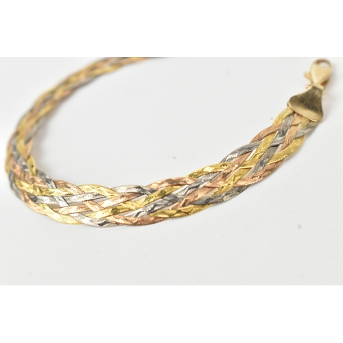 43 - An 9ct tri-coloured gold bracelet, of flat woven form design with a lobster claw clasp, stamped 9KT,... 