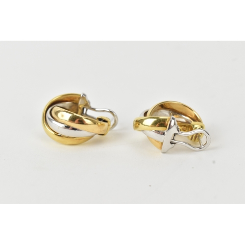 48 - A pair of 18ct tr-coloured gold earrings, each of interwoven design, stamped 750, 24mm x 12.5mm, 13.... 