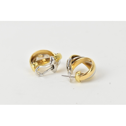 48 - A pair of 18ct tr-coloured gold earrings, each of interwoven design, stamped 750, 24mm x 12.5mm, 13.... 