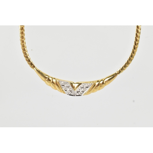 53 - An 18ct gold diamond-set necklace, the graduating front section designed with textured curved panels... 