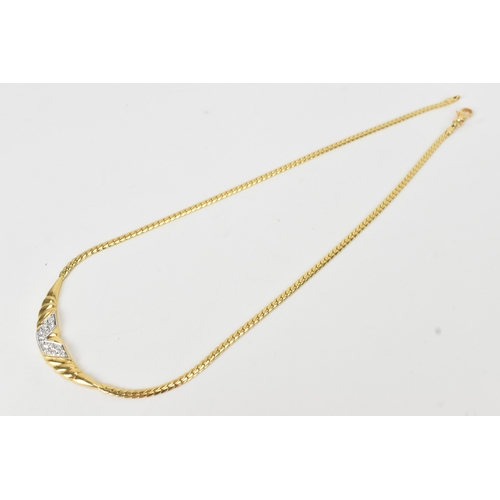 53 - An 18ct gold diamond-set necklace, the graduating front section designed with textured curved panels... 