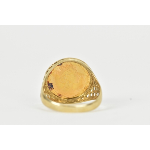 59 - A 1989 1/10 Ounce fine gold Isle of Man Angel coin, in a 9ct ring mount with pierced shoulders, ring... 