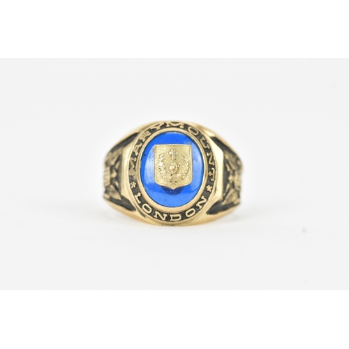 60 - A 10ct gold Marymount London class ring, set with a blue synthetic panel centred by a relief school ... 