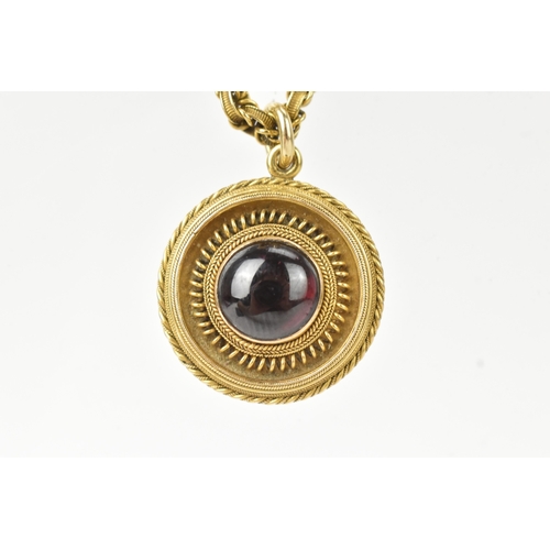 7 - A Victorian yellow metal Etruscan Revival mourning pendant and necklace, unmarked, the circular pend... 