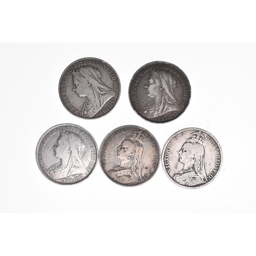 41 - United Kingdom - Victoria (1937-1901), 5X Silver Crowns;
1890, 1891, 1896 LX, 1897 LXI, and 1899 LXI... 