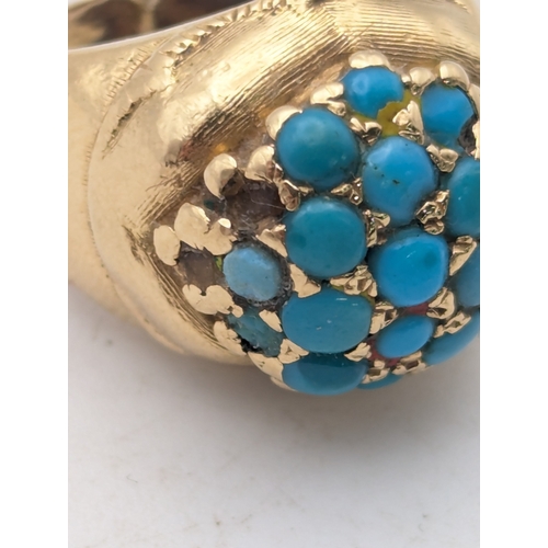 23 - A Victorian yellow gold and turquoise cluster ring tested as 18ct gold, size H, 8.4g
Location:R1
If ... 