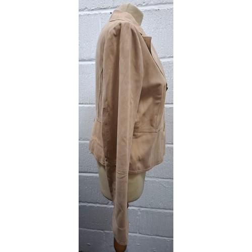 23 - Max Mara- A ladies tan suede box jacket having a white and tan floral lining, UK14. Location:Rail
Co... 