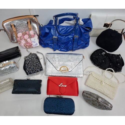 45 - A group of fashion and beaded evening bags to include a L.A.M.B silver and tan leather handbag and a... 