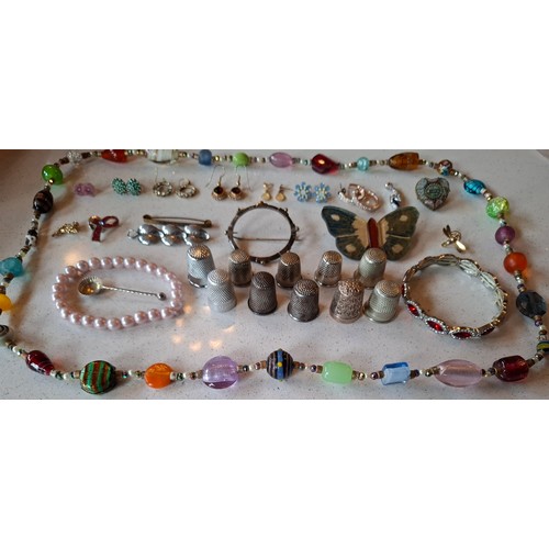 58 - A Venetian glass bead necklace and pink glass earrings, a vintage micro mosaic brooch in the form of... 