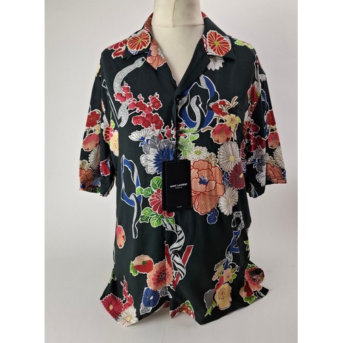 8 - Saint Laurent- An unworn gents black casual shirt with multi-coloured Japanese inspired design, size... 