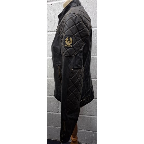26 - Belstaff- A gents dark brown wax cotton biker style jacket having a tartan lining and black cord col... 