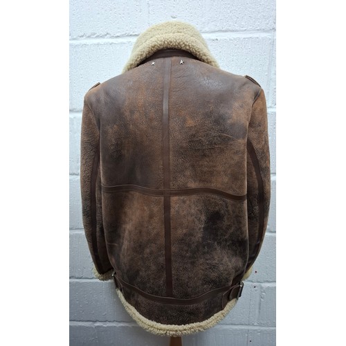 30 - Golden Goose- A gents brown leather flying style jacket with fleece lining and front zip closure, Eu... 