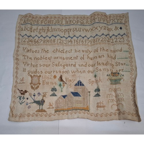 51 - An unframed 1862 sampler worked by Emma Spink depicting written verse, the alphabet and numbers, app... 