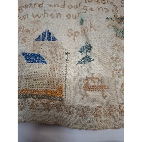 51 - An unframed 1862 sampler worked by Emma Spink depicting written verse, the alphabet and numbers, app... 