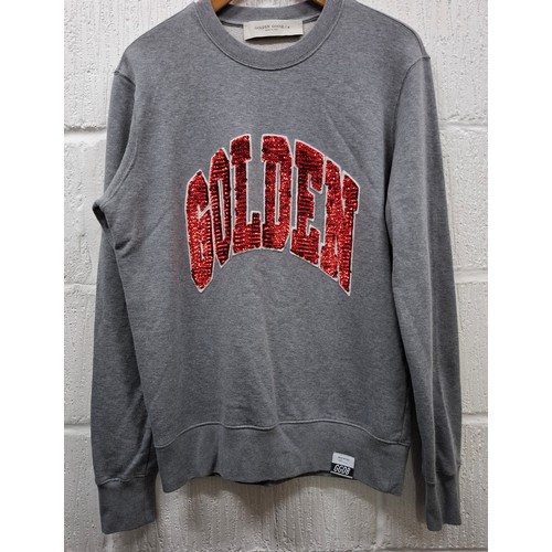 32 - Golden Goose- A gents grey sweatshirt with 'Golden' in red sequins to the front, size Medium (approx... 