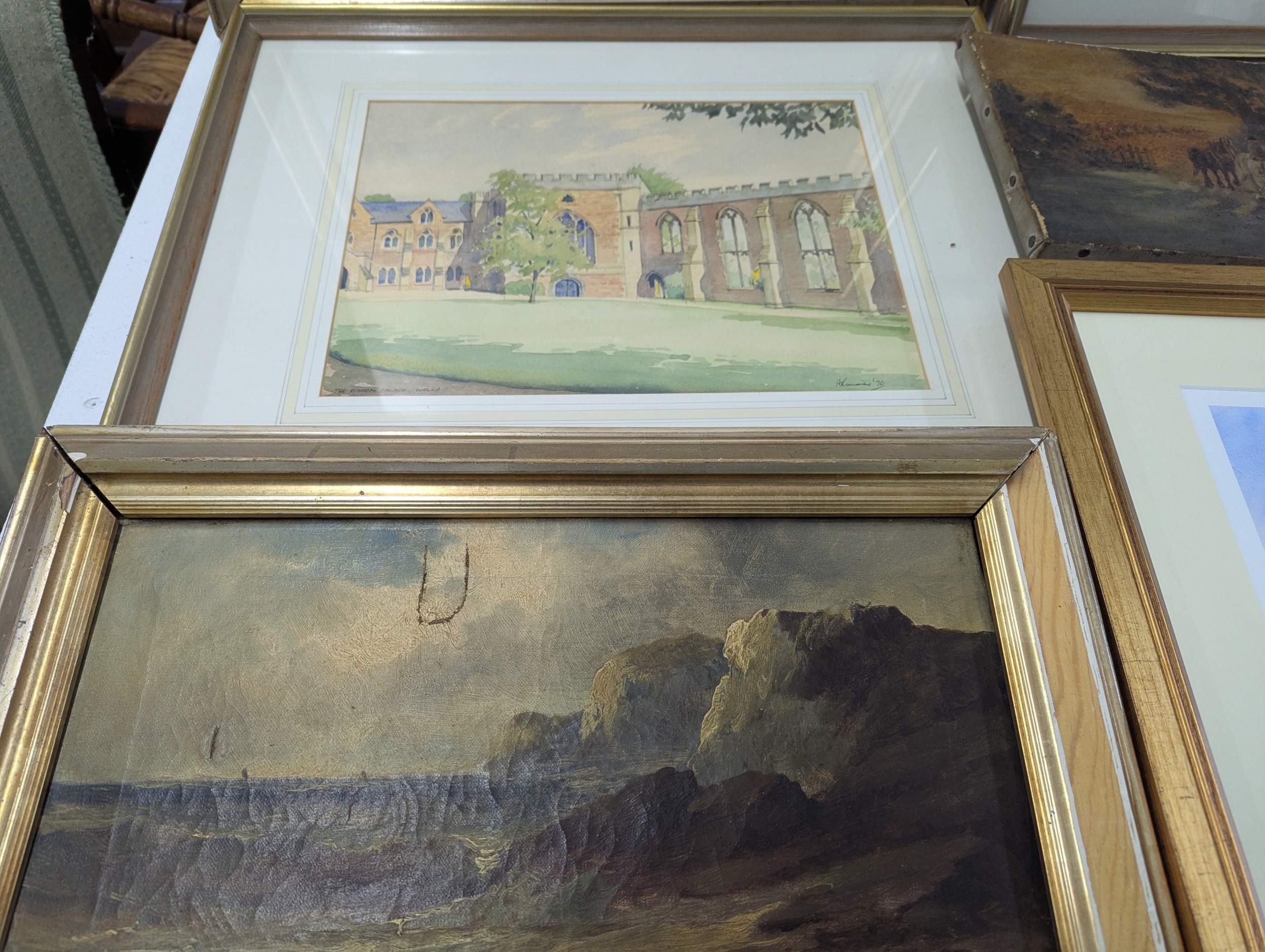 Paints and prints to include three oil on canvas, three watercolours by ...