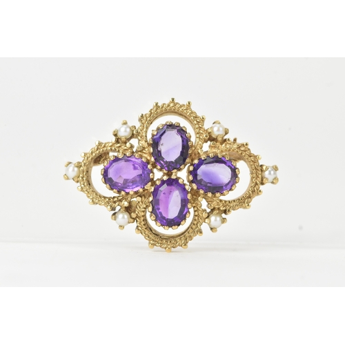 A 9ct gold amethyst and seed pearl brooch, of quatrefoil form, centrally set with four oval-cut amethysts, each claw-set, interspersed with seed pearl highlights, 40.4mm x 29mm, gross weight 11.1 grams
If there is no condition report shown, please request
Location: C3